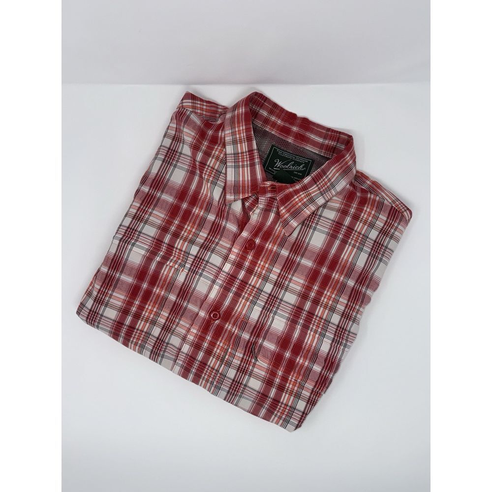 Woolrich Short Sleeve Mens L Button Front Shirt Red White Plaid